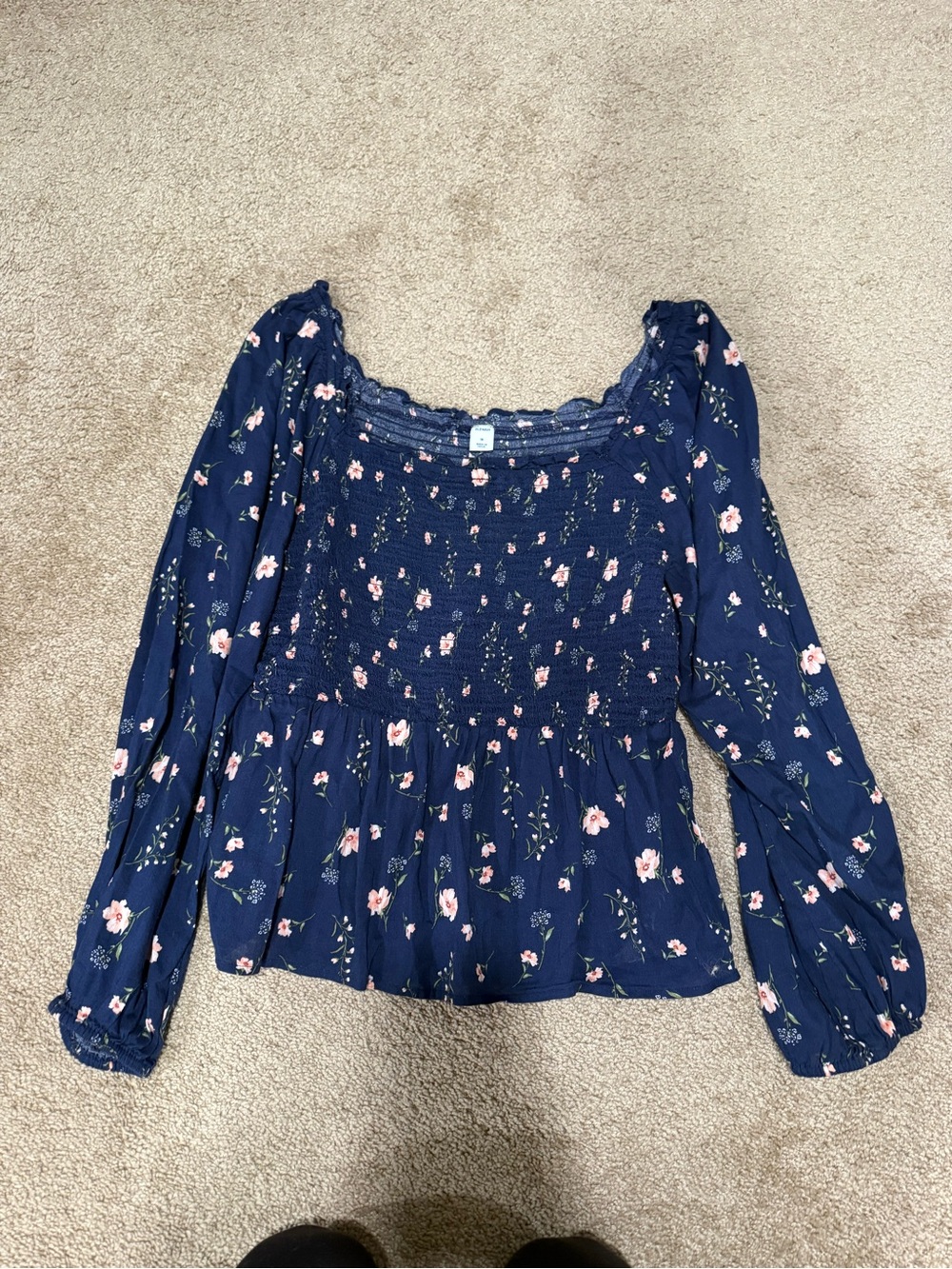 Old Navy Navy Blue Floral Smocked Long-Sleeve Top
